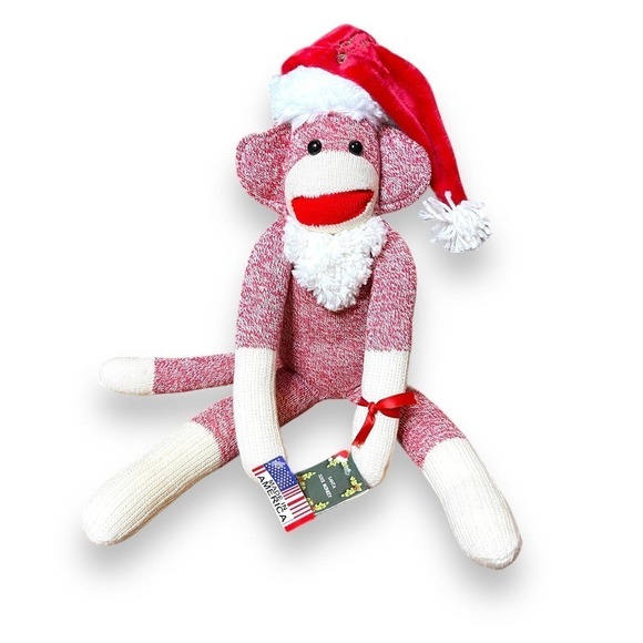 Santa Sock Monkey Stuffed Animal Toy Ozark Mountain Kids USA NOS Folk Art - Picture 11 of 11